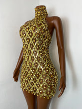 Load image into Gallery viewer, HUBEI Gold Crystal Halter Dress