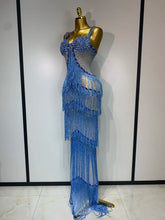 Load image into Gallery viewer, HARBIN Blue Rhinestone Fringe Mesh Gown