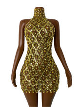 Load image into Gallery viewer, HUBEI Gold Crystal Halter Dress