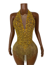 Load image into Gallery viewer, TIANJIN Gold Rhinestone Fringe Bodysuit