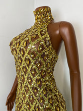 Load image into Gallery viewer, HUBEI Gold Crystal Halter Dress