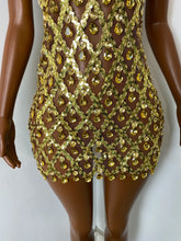 Load image into Gallery viewer, HUBEI Gold Crystal Halter Dress