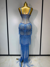 Load image into Gallery viewer, HARBIN Blue Rhinestone Fringe Mesh Gown