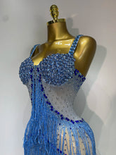 Load image into Gallery viewer, HARBIN Blue Rhinestone Fringe Mesh Gown