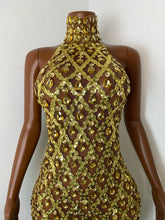 Load image into Gallery viewer, HUBEI Gold Crystal Halter Dress
