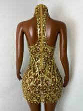 Load image into Gallery viewer, HUBEI Gold Crystal Halter Dress
