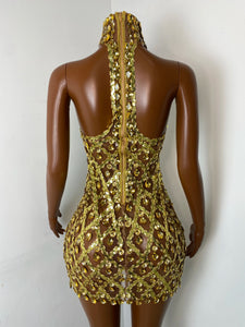 HUBEI Gold Crystal Halter Dress