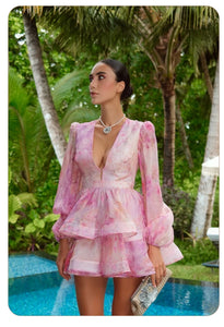 SHANZHOU Bloom Peplum Mini Dress with Puff Sleeves