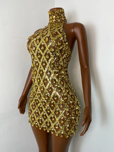 HUBEI Gold Crystal Halter Dress