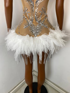 NANJING Silver Crystal Feather Mini Dress