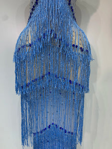 HARBIN Blue Rhinestone Fringe Mesh Gown
