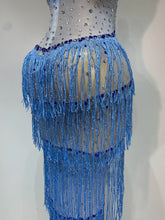 Load image into Gallery viewer, HARBIN Blue Rhinestone Fringe Mesh Gown
