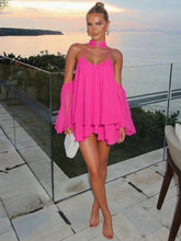 Load image into Gallery viewer, URUMQI Hot Pink Off-Shoulder Mini  with Halter Neck Ring

