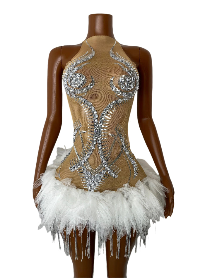 NANJING Silver Crystal Feather Mini Dress