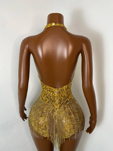 TIANJIN Gold Rhinestone Fringe Bodysuit