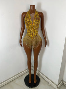 TIANJIN Gold Rhinestone Fringe Bodysuit