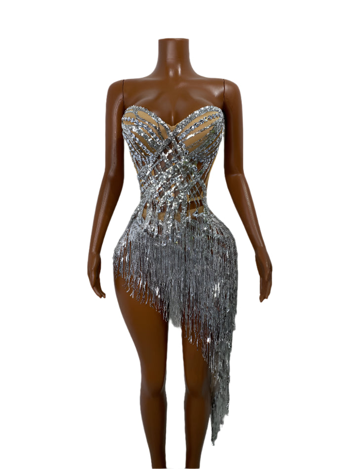 MING Silver Fringe Sparkly Mini Dress