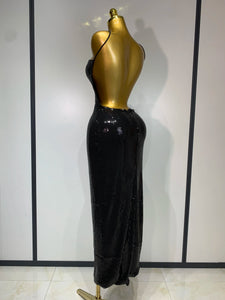 DALIAN Gold Sequin Halter Gown