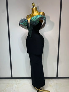 TAIYUAN Emerald Bloom Black Evening Gown