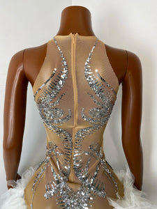 NANJING Silver Crystal Feather Mini Dress