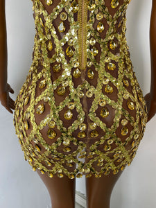 HUBEI Gold Crystal Halter Dress