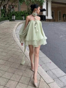 WUXI Layered Chiffon Dress with Ruffle Hem & Rosette Tie Set