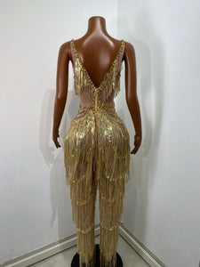 CHANGSHA Gold Fringe Sequin Jumpsuit