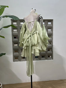 WUXI Layered Chiffon Dress with Ruffle Hem & Rosette Tie Set