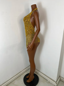 TIANJIN Gold Rhinestone Fringe Bodysuit
