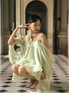 WUXI Layered Chiffon Dress with Ruffle Hem & Rosette Tie Set