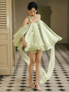WUXI Layered Chiffon Dress with Ruffle Hem & Rosette Tie Set