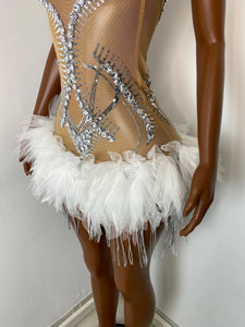 NANJING Silver Crystal Feather Mini Dress