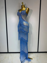 Load image into Gallery viewer, HARBIN Blue Rhinestone Fringe Mesh Gown
