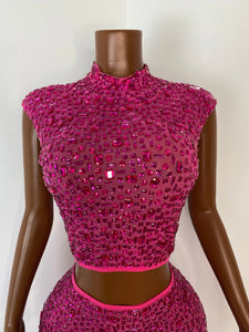 FOSHAN Hot Pink Sparkly Crop Top & Mini Skirt