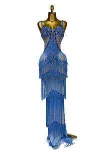HARBIN Blue Rhinestone Fringe Mesh Gown