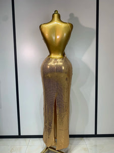 DALIAN Gold Sequin Halter Gown