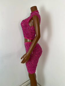 FOSHAN Hot Pink Sparkly Crop Top & Mini Skirt