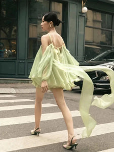 WUXI Layered Chiffon Dress with Ruffle Hem & Rosette Tie Set