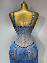 Load image into Gallery viewer, HARBIN Blue Rhinestone Fringe Mesh Gown
