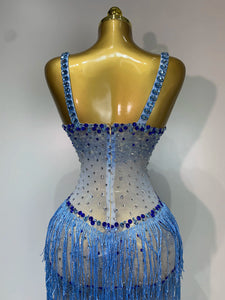 HARBIN Blue Rhinestone Fringe Mesh Gown