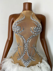 NANJING Silver Crystal Feather Mini Dress