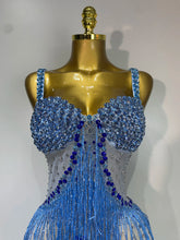 Load image into Gallery viewer, HARBIN Blue Rhinestone Fringe Mesh Gown
