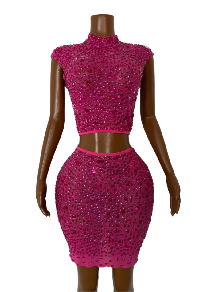 FOSHAN Hot Pink Sparkly Crop Top & Mini Skirt