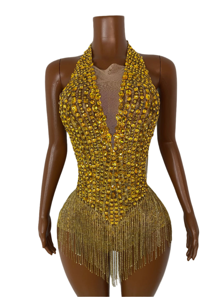 TIANJIN Gold Rhinestone Fringe Bodysuit