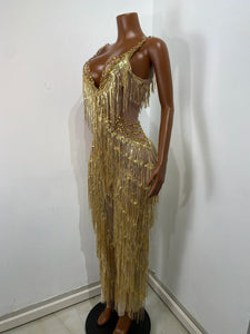 CHANGSHA Gold Fringe Sequin Jumpsuit