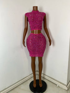 FOSHAN Hot Pink Sparkly Crop Top & Mini Skirt