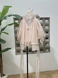 WUXI Layered Chiffon Dress with Ruffle Hem & Rosette Tie Set