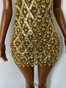 HUBEI Gold Crystal Halter Dress