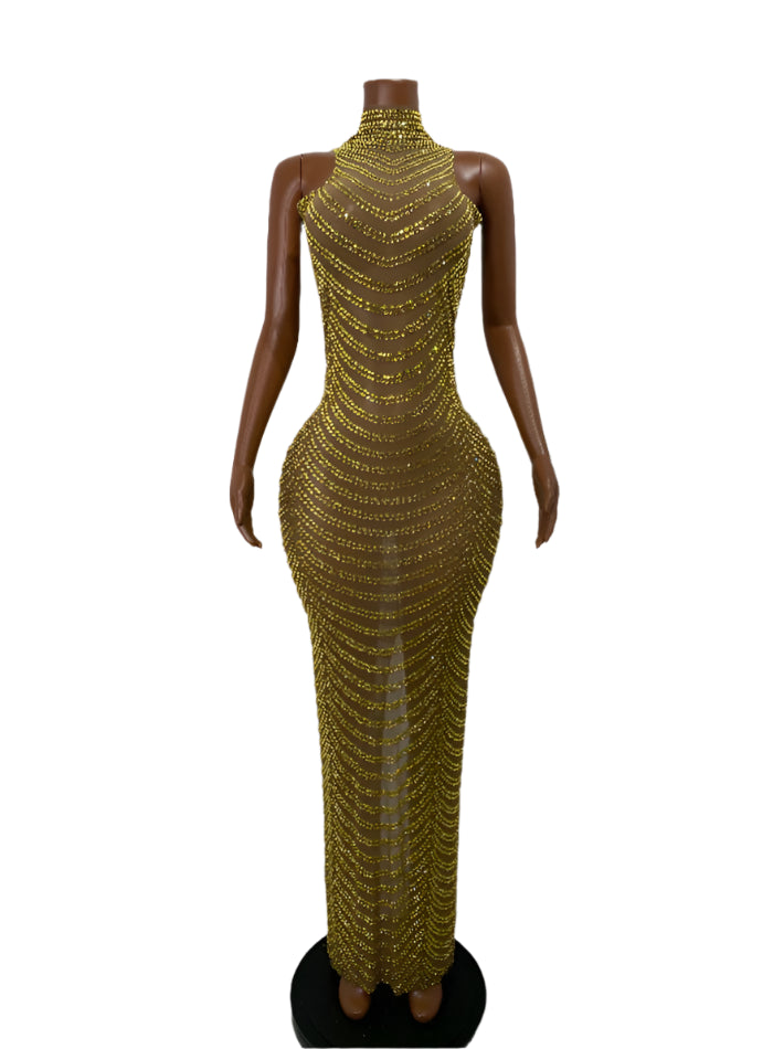HANGZHOU Gold Rhinestone Evening Gown
