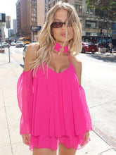 Load image into Gallery viewer, URUMQI Hot Pink Off-Shoulder Mini  with Halter Neck Ring
